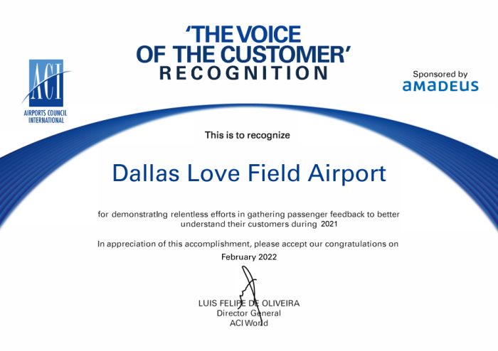 DAL_ACI Voice of Customer Recognition_Dallas Love Field Airport