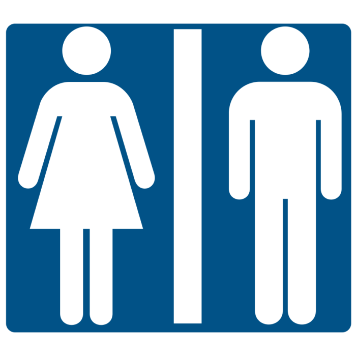 Picture of a restroom icon. There is a blue background, an icon of a female stick figure on the left, a stick figure of a male on the right, and a white line in between both of them